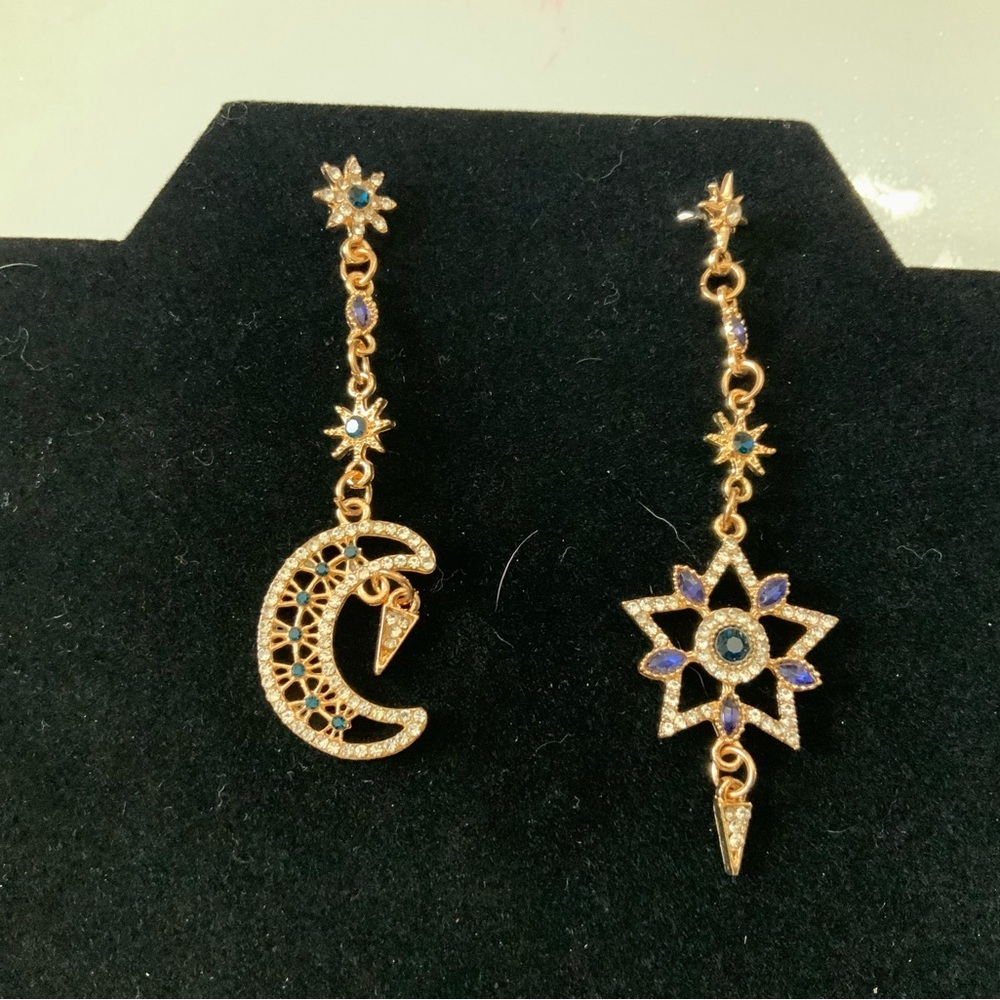 Goldtone and Blue Rhinestone Celestial Boho Earrings